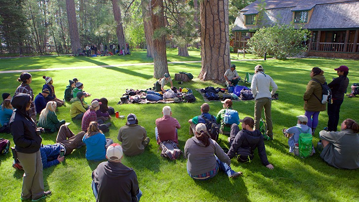 Students studying Wilderness First Aid outside on the lawn